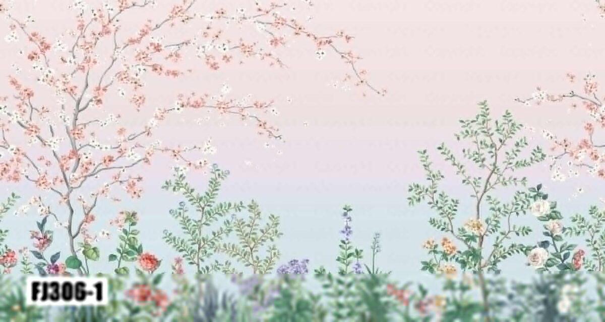 Colourful Flowers Pattern Design, VINYL FABRIC TEXTILE Wall Mural in Different Texture, Code FJ306.  It is produced as ONE PIECE WITHOUT JOINT. - Image 3