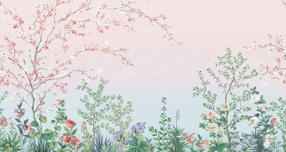 Colourful Flowers Pattern Design, VINYL FABRIC TEXTILE Wall Mural in Different Texture, Code FJ306.  It is produced as ONE PIECE WITHOUT JOINT. - Image 1