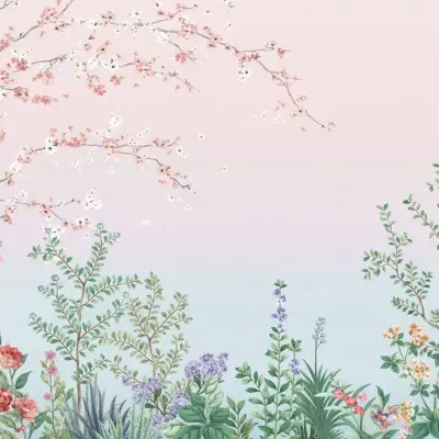 Colourful Flowers Pattern Design, VINYL FABRIC TEXTILE Wall Mural in Different Texture, Code FJ306.  It is produced as ONE PIECE WITHOUT JOINT.
