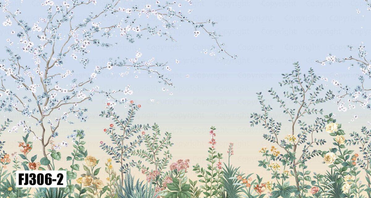 Colourful Flowers Pattern Design, VINYL FABRIC TEXTILE Wall Mural in Different Texture, Code FJ306.  It is produced as ONE PIECE WITHOUT JOINT. - Image 2