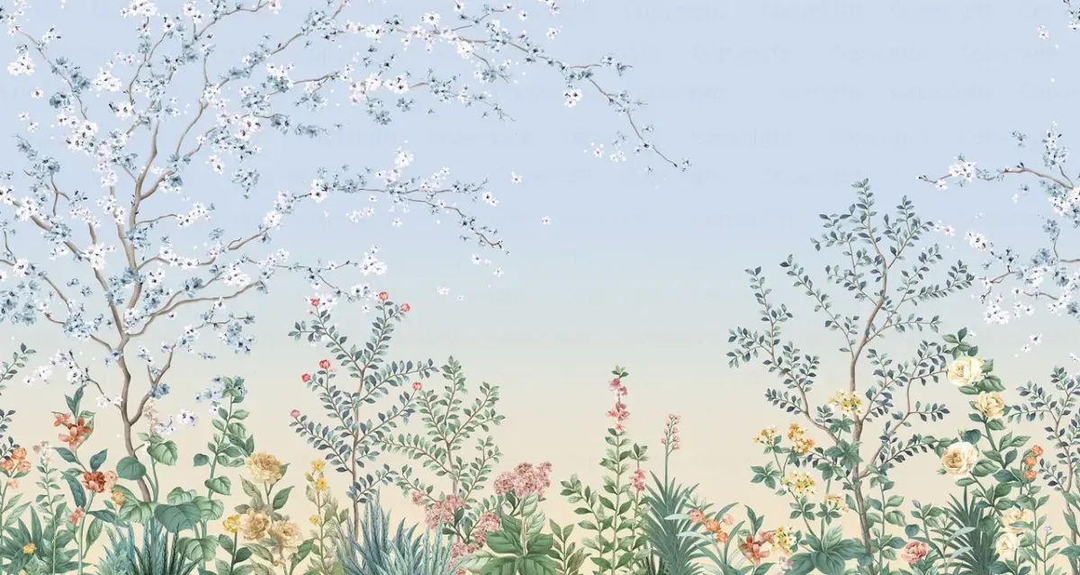 Colorful Flowers Pattern Design Mural WALLPAPER, Available in various Paper Texture, Code FJ306. It is Produced as 105 CM WIDE ROLL PANELS.. - Image 1