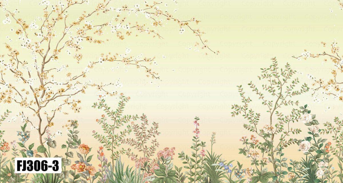 Colourful Flowers Pattern Design, VINYL FABRIC TEXTILE Wall Mural in Different Texture, Code FJ306.  It is produced as ONE PIECE WITHOUT JOINT. - Image 4