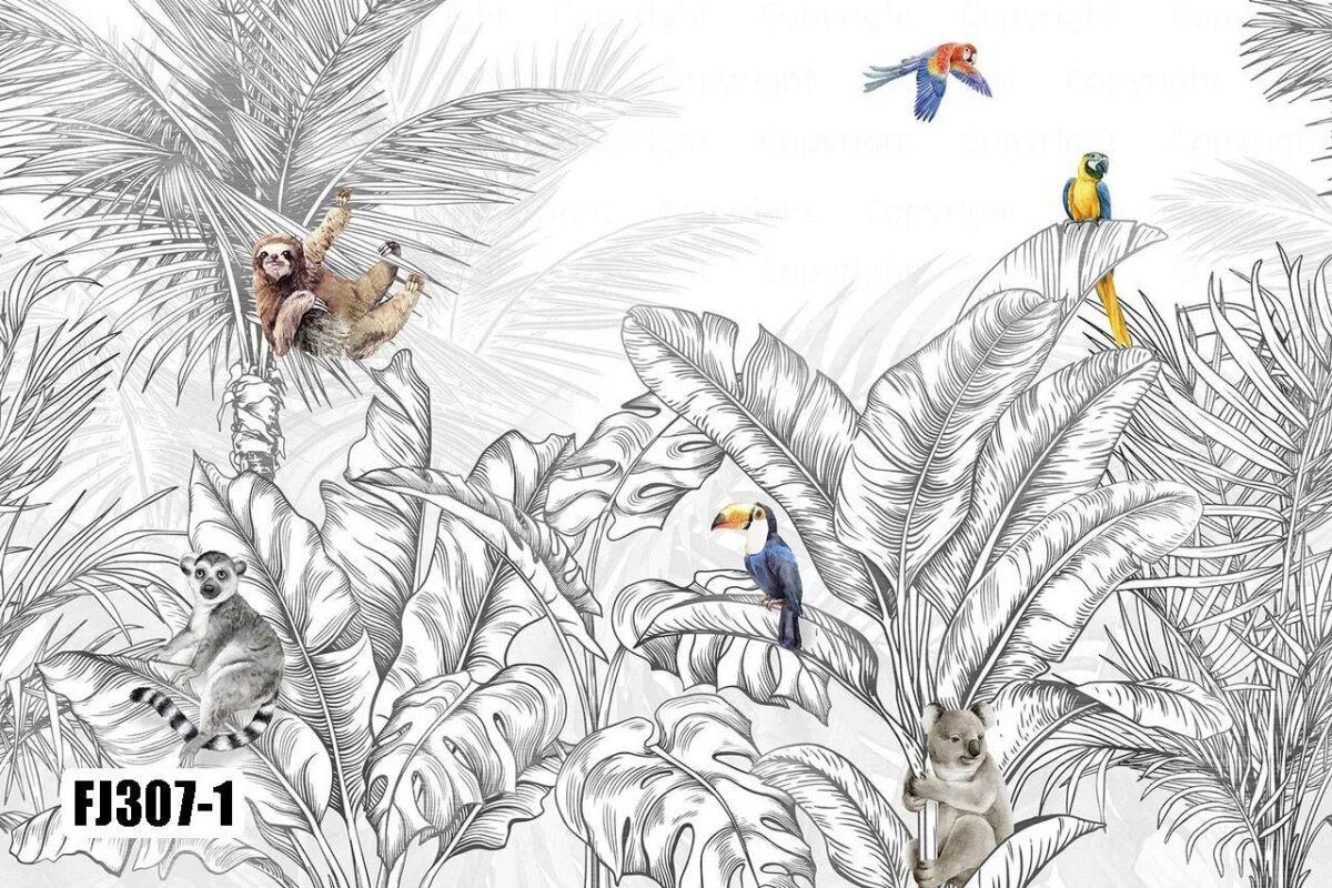 Animals And Palm Leaves Pattern Design Mural WALLPAPER, Available in Various Paper Texture, Code FJ307. It is Produced as 105 CM WIDE ROLL PANELS. - Image 3