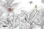 Animals And Palm Leaves Pattern Design Mural WALLPAPER, Available in Various Paper Texture, Code FJ307. It is Produced as 105 CM WIDE ROLL PANELS. - Image 3