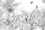 Animals And Palm Leaves Pattern Design Mural WALLPAPER, Available in Various Paper Texture, Code FJ307. It is Produced as 105 CM WIDE ROLL PANELS.