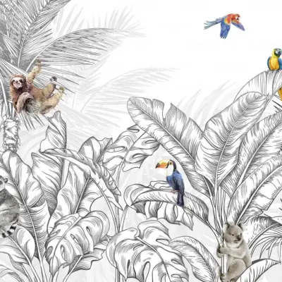 Animals And Palm Leaves Pattern Design Mural WALLPAPER, Available in Various Paper Texture, Code FJ307. It is Produced as 105 CM WIDE ROLL PANELS.