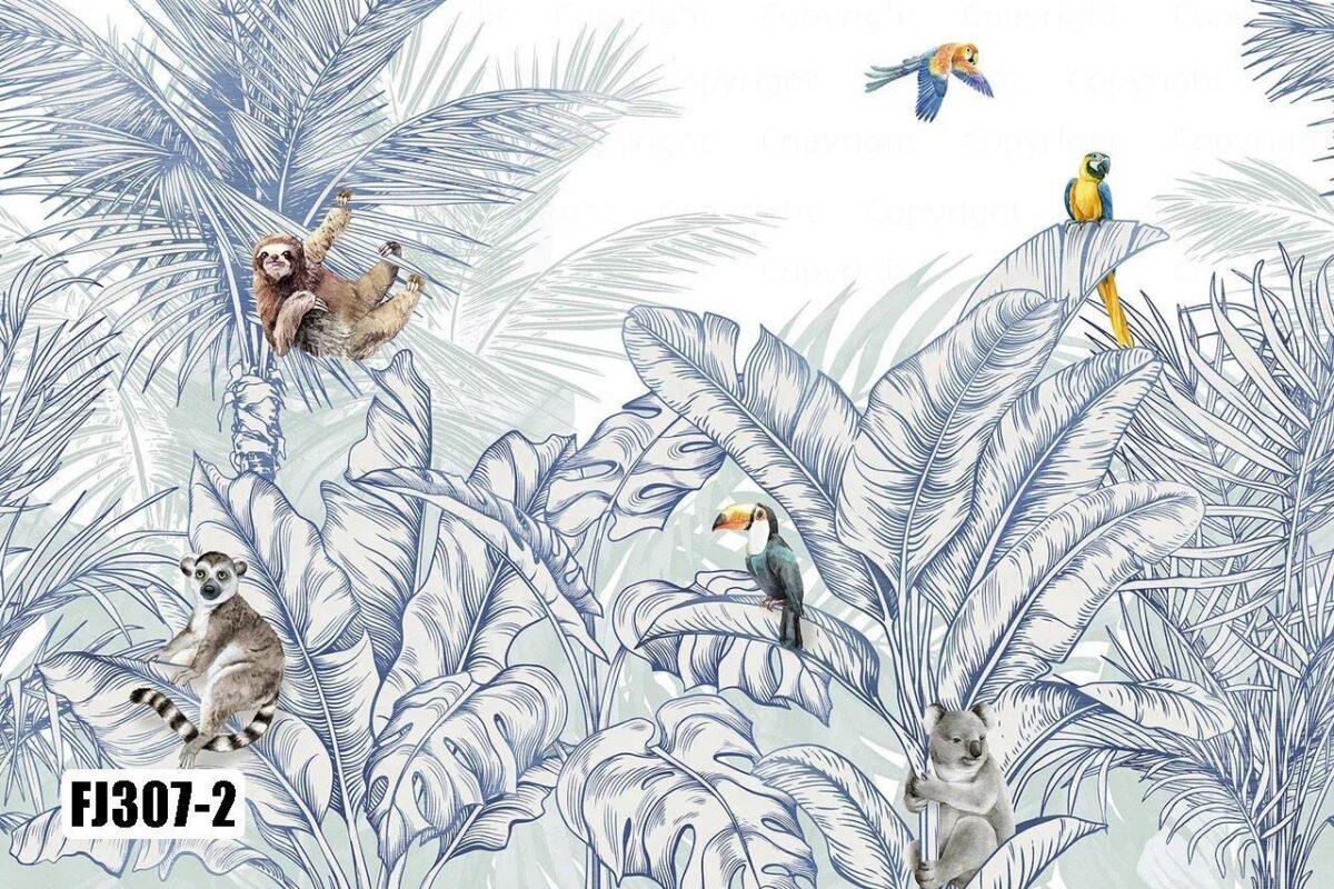 Animals And Palm Leaves Pattern Design Mural WALLPAPER, Available in Various Paper Texture, Code FJ307. It is Produced as 105 CM WIDE ROLL PANELS. - Image 4
