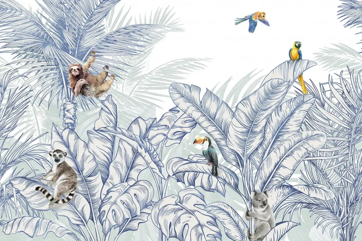 Animals And Palm Leaves Pattern Design, VINYL FABRIC TEXTILE Wall Mural in Different Texture, Code FJ307.  It is produced as ONE PIECE WITHOUT JOINT. - Image 1