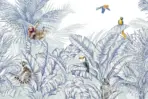 Animals And Palm Leaves Pattern Design, VINYL FABRIC TEXTILE Wall Mural in Different Texture, Code FJ307.  It is produced as ONE PIECE WITHOUT JOINT.