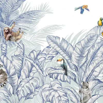 Animals And Palm Leaves Pattern Design, VINYL FABRIC TEXTILE Wall Mural in Different Texture, Code FJ307.  It is produced as ONE PIECE WITHOUT JOINT.
