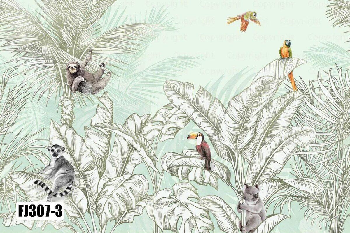 Animals And Palm Leaves Pattern Design Mural WALLPAPER, Available in Various Paper Texture, Code FJ307. It is Produced as 105 CM WIDE ROLL PANELS. - Image 2