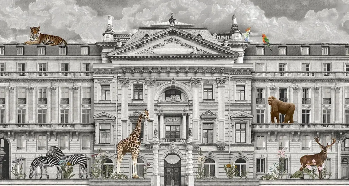 Zoo Pattern Design Mural WALLPAPER, Available in Various Paper Texture, Code FJ308. It is Produced as 105 CM Wide Roll Panels. - Image 1