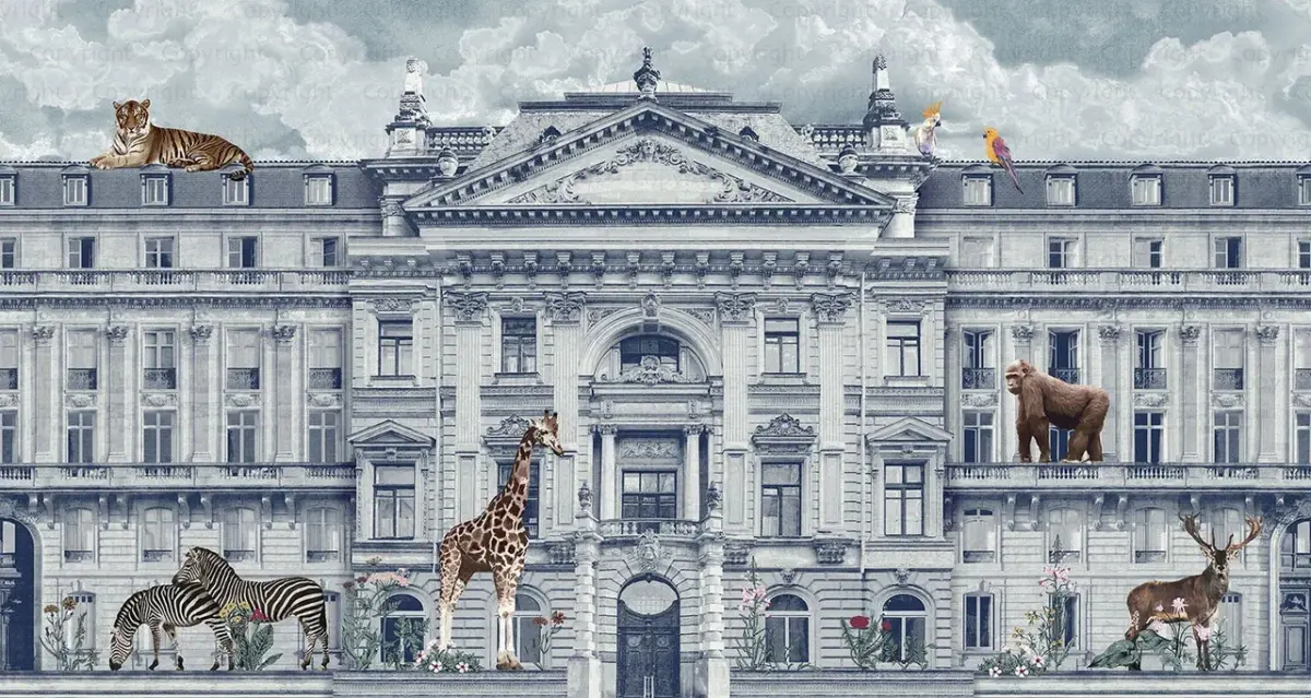 Zoo Pattern Design, VINYL FABRIC TEXTILE Wall Mural in Different Texture, Code FJ308.  It is produced as ONE PIECE WITHOUT JOINT. - Image 1