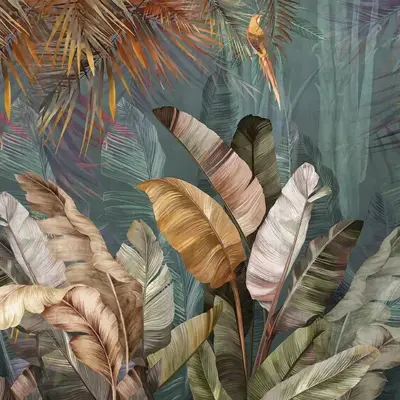 Tropical Leaves Design, VINYL FABRIC TEXTILE Wall Mural in Different Texture, Code FJ316.  It is produced as ONE PIECE without joint.