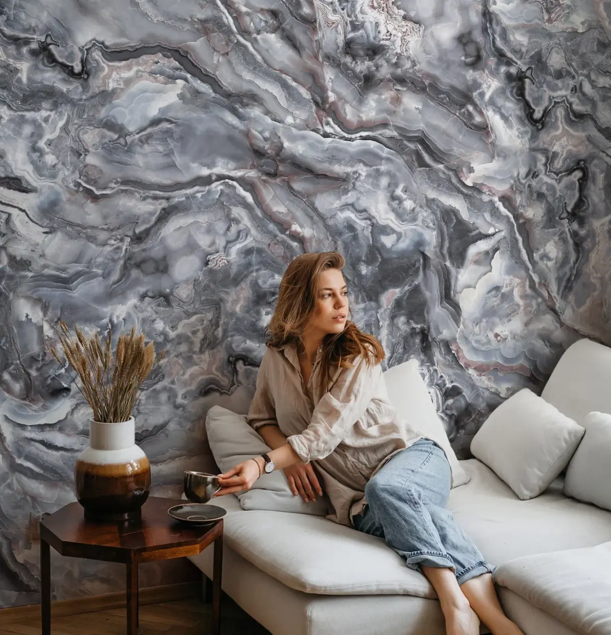 Marble Finish Design Mural WALLPAPER, Available in various Paper Texture, Code FJ319. It is Produced as 105 cm Wide Roll Panels. - Image 5