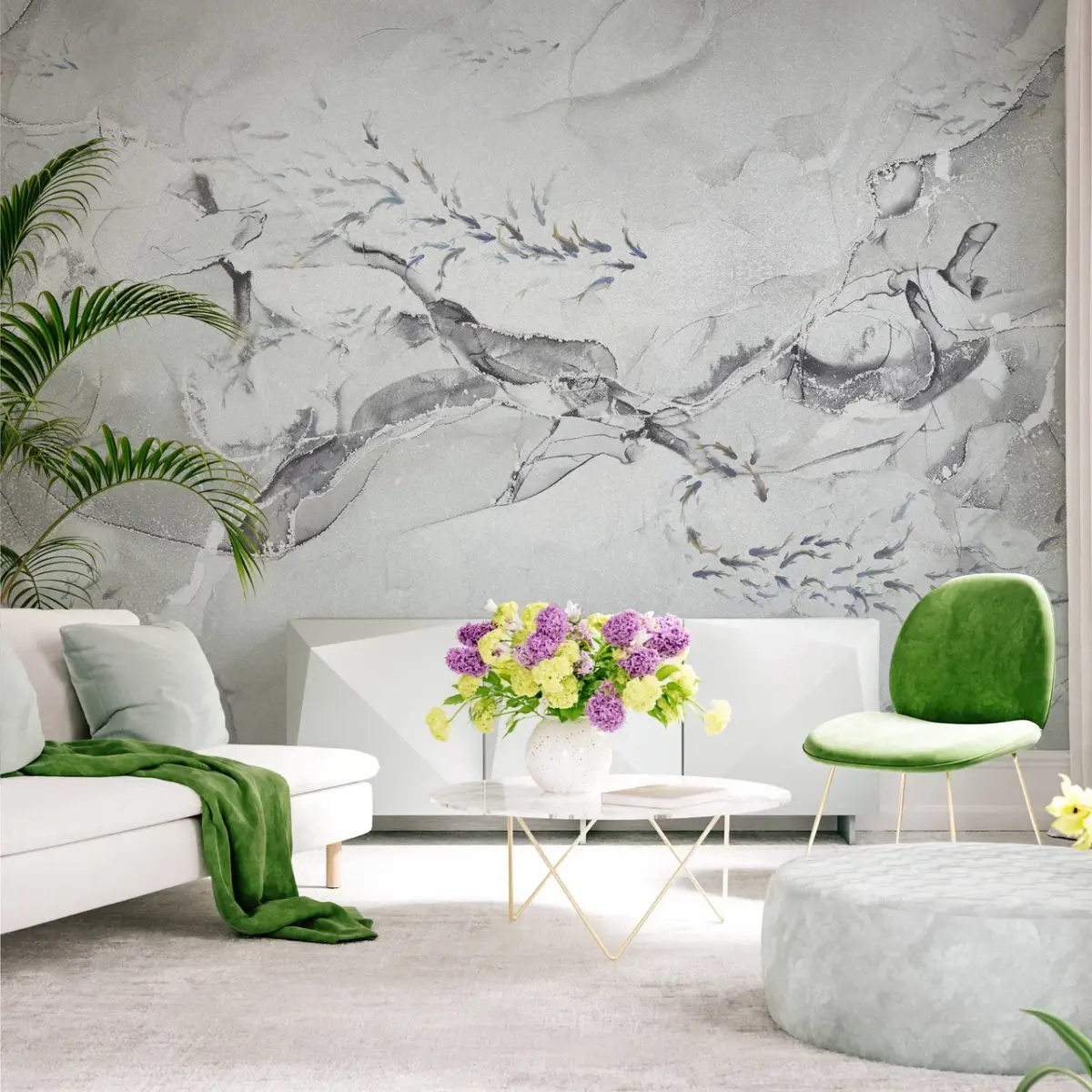 Flock Of Fish Design, VINYL FABRIC TEXTILE Wall Mural in Different Texture, Code FJ320.  It is produced as ONE PIECE without joint. - Image 6