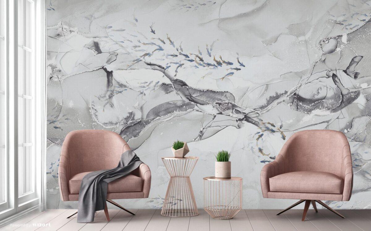Flock Of Fish Design, VINYL FABRIC TEXTILE Wall Mural in Different Texture, Code FJ320.  It is produced as ONE PIECE without joint. - Image 7