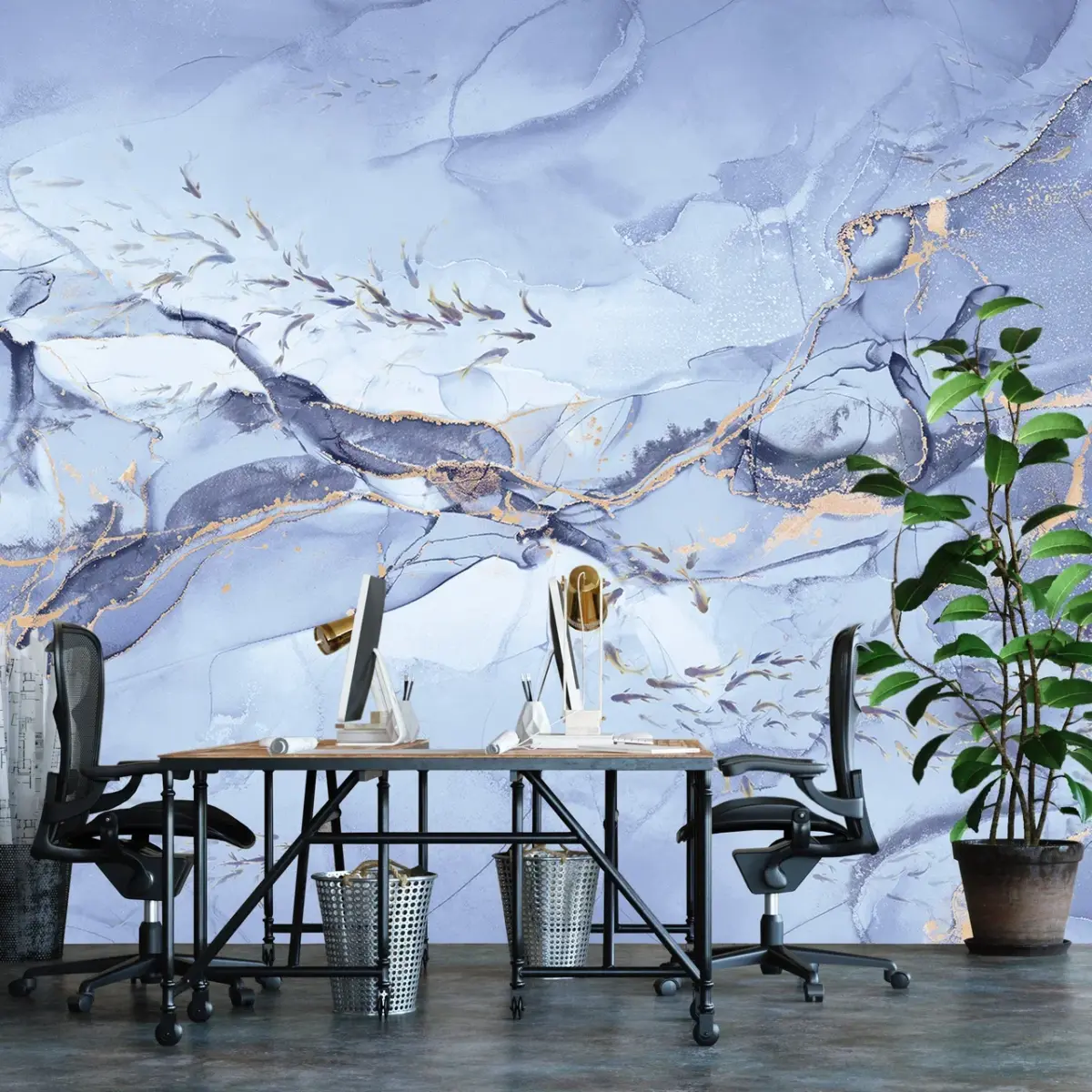 Flock Of Fish Design, VINYL FABRIC TEXTILE Wall Mural in Different Texture, Code FJ320.  It is produced as ONE PIECE without joint. - Image 5