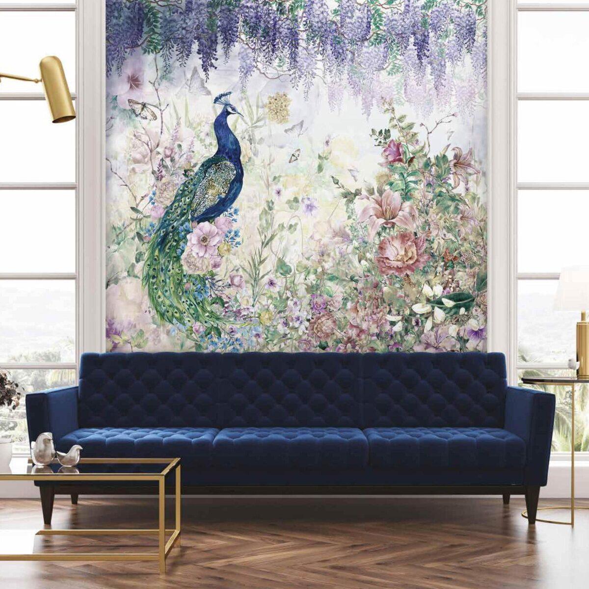 Colorful Peacock Design, VINYL FABRIC TEXTILE Wall Mural in Different Texture, Code A300. It is produced as ONE PIECE WITHOUT JOINT. - Image 7