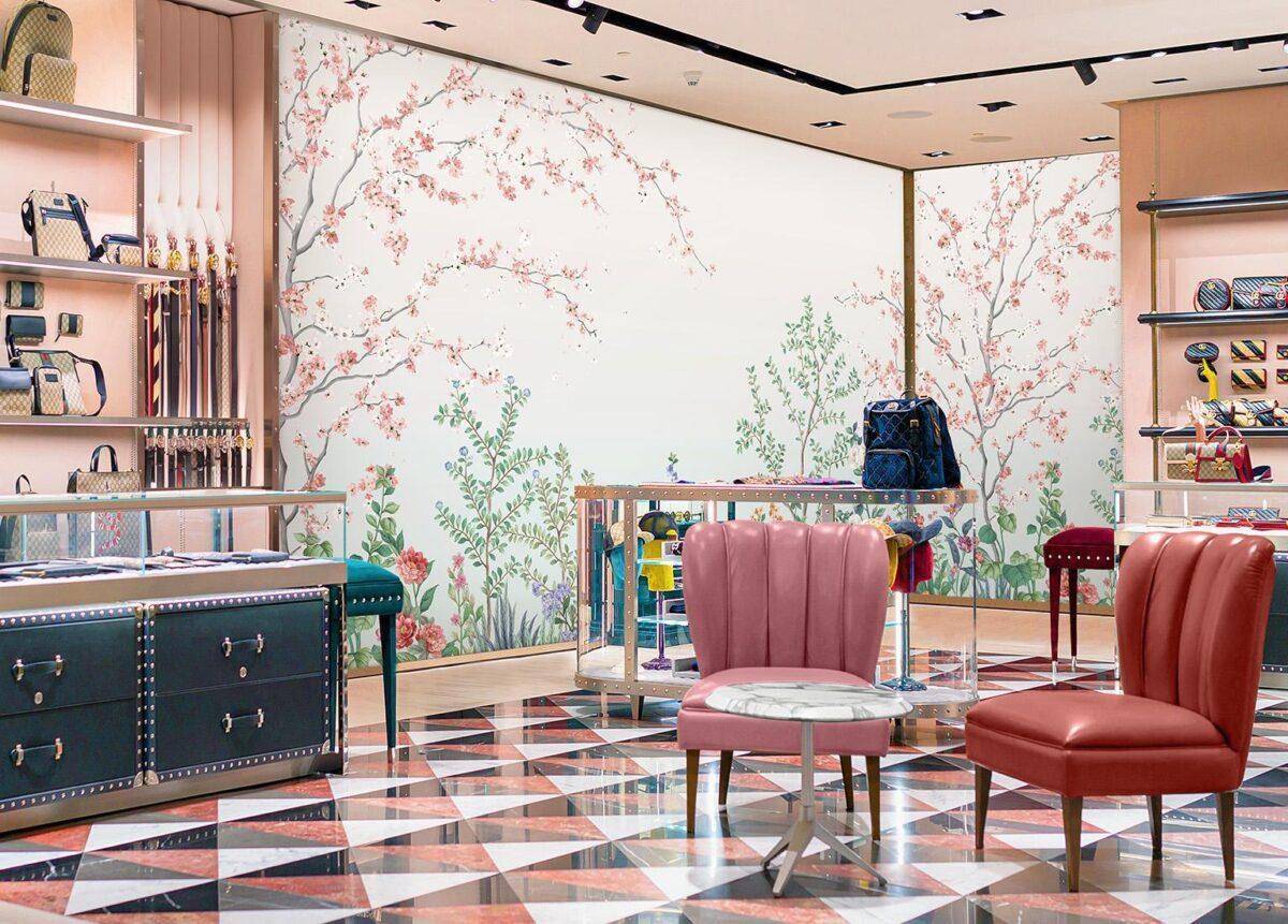 Colourful Flowers Pattern Design, VINYL FABRIC TEXTILE Wall Mural in Different Texture, Code FJ306.  It is produced as ONE PIECE WITHOUT JOINT. - Image 7