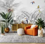 Animals And Palm Leaves Pattern Design Mural WALLPAPER, Available in Various Paper Texture, Code FJ307. It is Produced as 105 CM WIDE ROLL PANELS. - Image 6