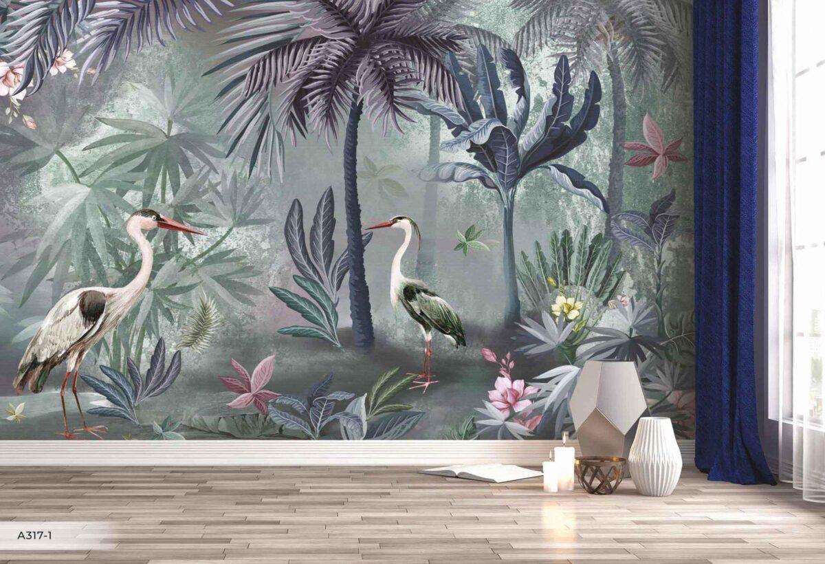 Birds Pattern Design, VINYL FABRIC TEXTILE Wall Mural in Different Texture, Code A317. It is produced as ONE PIECE WITHOUT JOINT. - Image 6