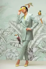 Animals And Palm Leaves Pattern Design Mural WALLPAPER, Available in Various Paper Texture, Code FJ307. It is Produced as 105 CM WIDE ROLL PANELS. - Image 7