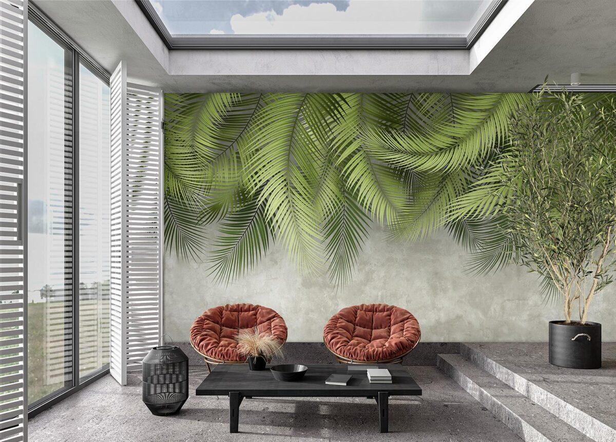 Palm Leaves Pattern Design, VINYL FABRIC TEXTILE Wall Mural in Different Texture, Code FJ312.  It is produced as ONE PIECE without joint. - Image 5