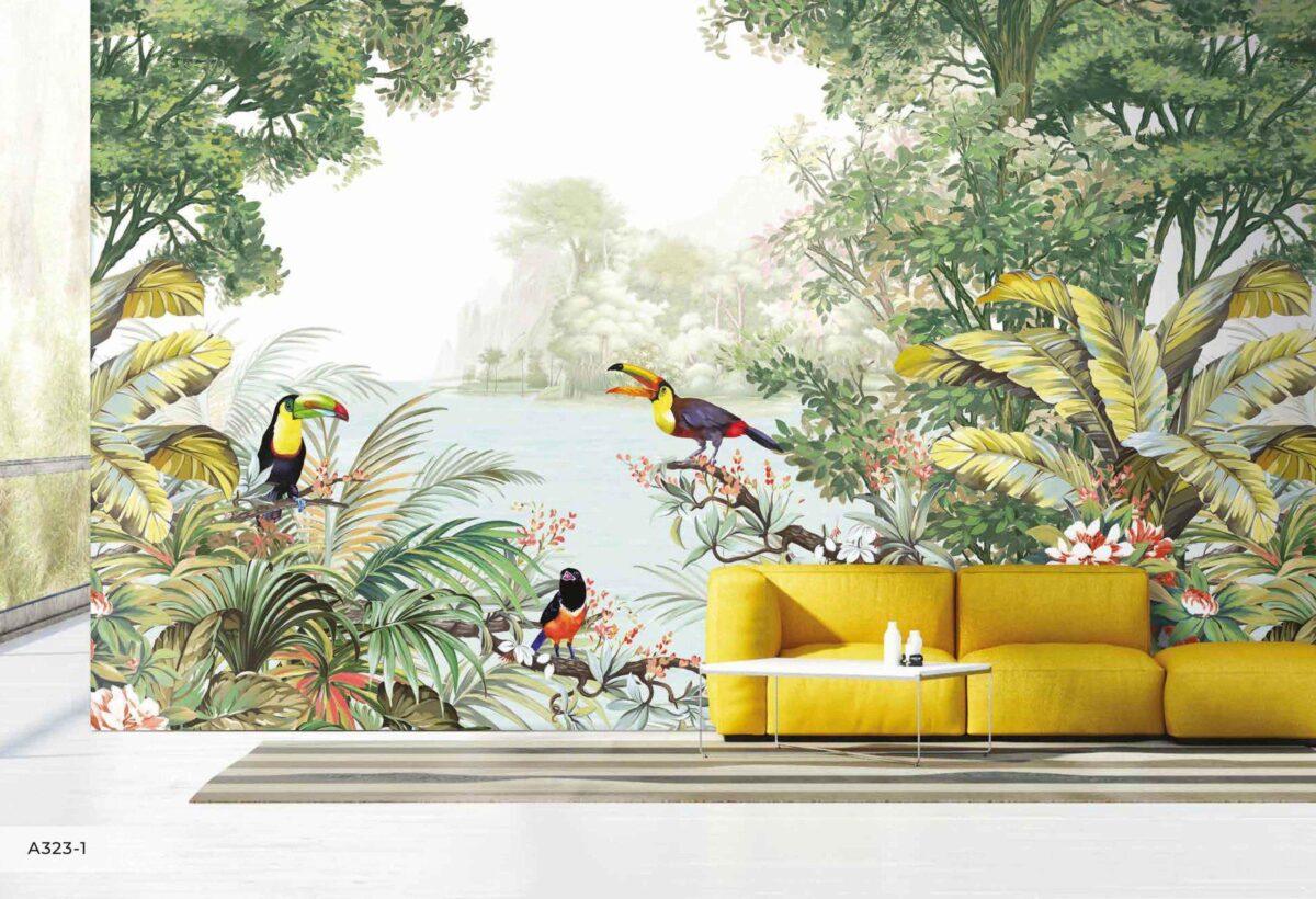 Parrot Design, VINYL FABRIC TEXTILE Wall Mural in Different Texture, Code A323.  It is produced as ONE PIECE without joint. - Image 2