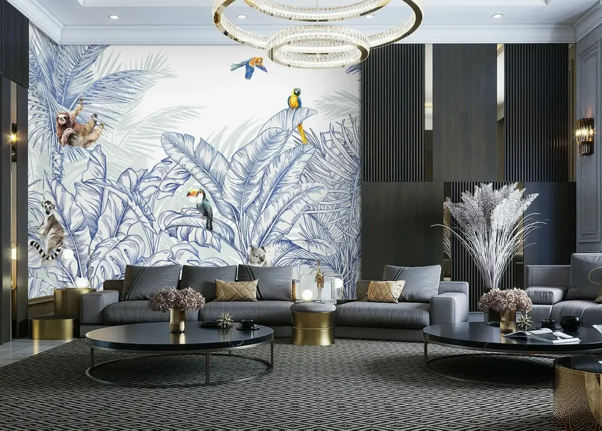 Animals And Palm Leaves Pattern Design, VINYL FABRIC TEXTILE Wall Mural in Different Texture, Code FJ307.  It is produced as ONE PIECE WITHOUT JOINT. - Image 5