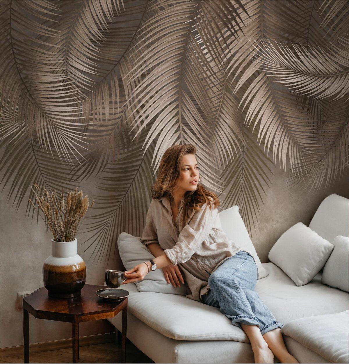 Palm Leaves Pattern Design, VINYL FABRIC TEXTILE Wall Mural in Different Texture, Code FJ312.  It is produced as ONE PIECE without joint. - Image 6