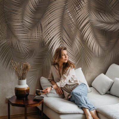 Palm Leaves Pattern Design Mural WALLPAPER, Available in various Paper Texture, Code FJ312. It is Produced as 105 CM Wide Roll Panels.