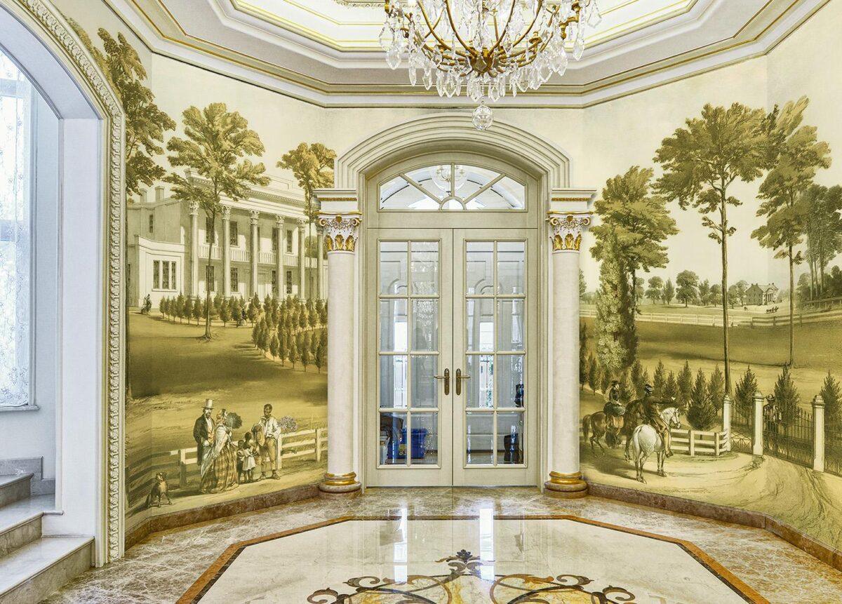 White Building Design, VINYL FABRIC TEXTILE Wall Mural in Different Texture, Code FJ315.  It is produced as ONE PIECE WITHOUT JOINT. - Image 4
