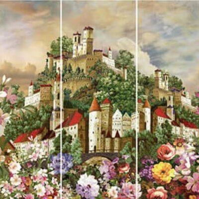 Blooming Flowers and Fairy tale Castle MURAL WALLPAPER, Available in Various Paper Texture, Code M707. It is Produced as 105 CM WIDE ROLL PANELS.