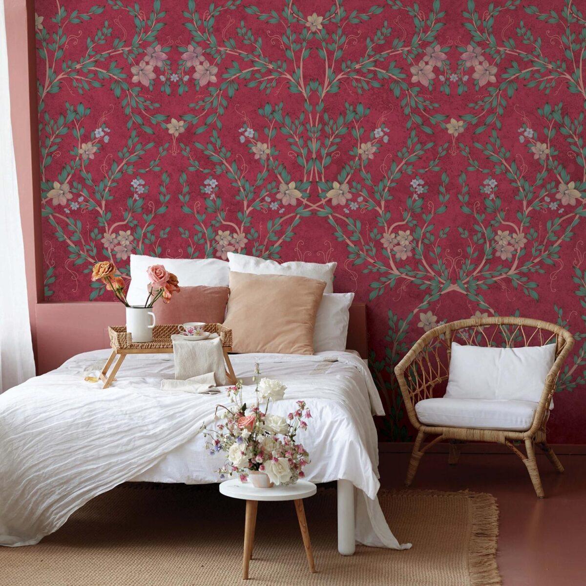 Floral and Leaf Design, VINYL FABRIC TEXTILE Wall Mural in Different Texture, Code SE307. It is produced as ONE PIECE WITHOUT JOINT. - Image 7