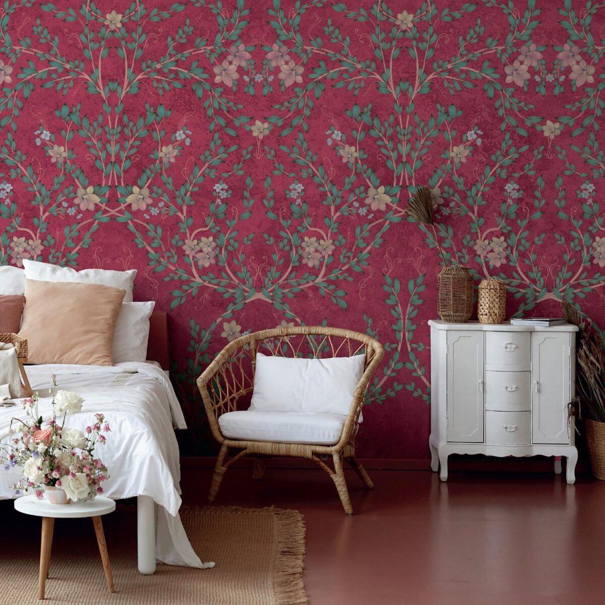 Floral and Leaf Design, VINYL FABRIC TEXTILE Wall Mural in Different Texture, Code SE307. It is produced as ONE PIECE WITHOUT JOINT. - Image 5