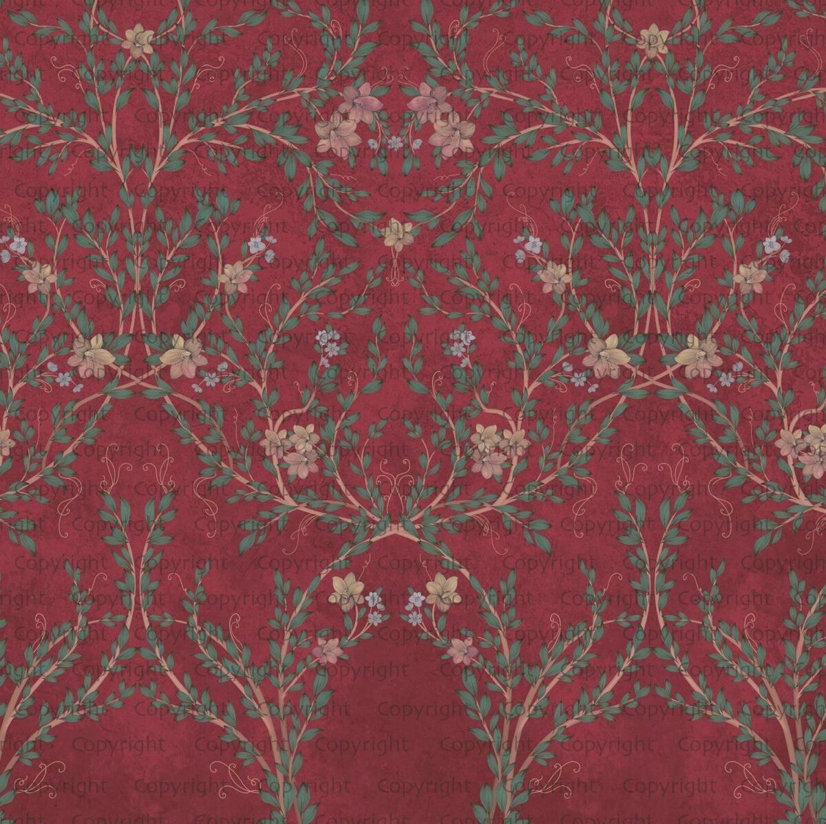 Floral and Leaf Design, VINYL FABRIC TEXTILE Wall Mural in Different Texture, Code SE307. It is produced as ONE PIECE WITHOUT JOINT. - Image 2