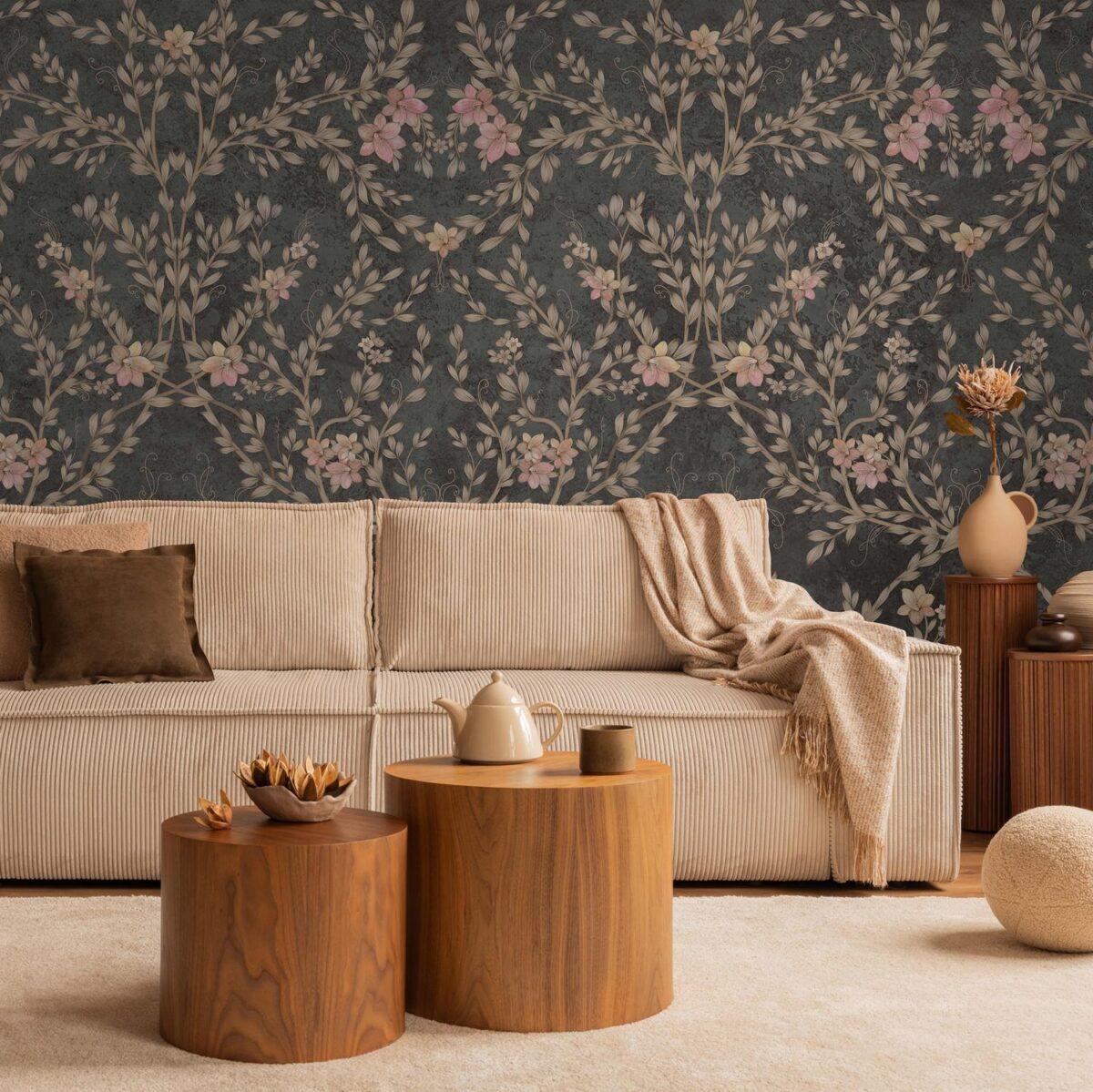 Floral and Leaf Design, VINYL FABRIC TEXTILE Wall Mural in Different Texture, Code SE307. It is produced as ONE PIECE WITHOUT JOINT. - Image 6