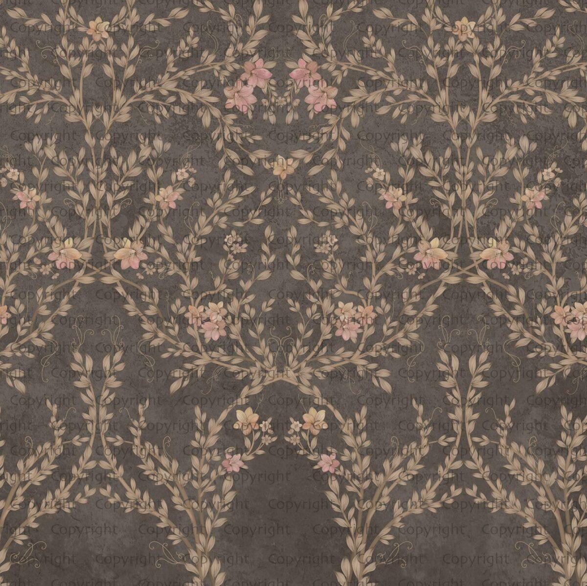 Floral and Leaf Design, VINYL FABRIC TEXTILE Wall Mural in Different Texture, Code SE307. It is produced as ONE PIECE WITHOUT JOINT. - Image 1