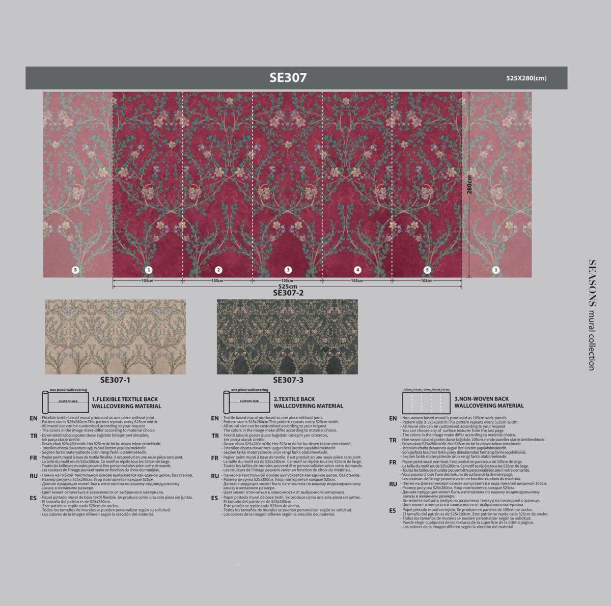Floral and Leaf Design MURAL WALLPAPER, Available in Various Paper Texture, Code SE307. It is Produced as 105 CM WIDE ROLL PANELS. - Image 8