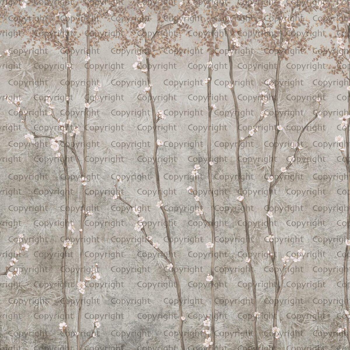 Cherry Blossom Tree Design, VINYL FABRIC TEXTILE Wall Mural in Different Texture, Code SE311. It is produced as ONE PIECE WITHOUT JOINT. - Image 1