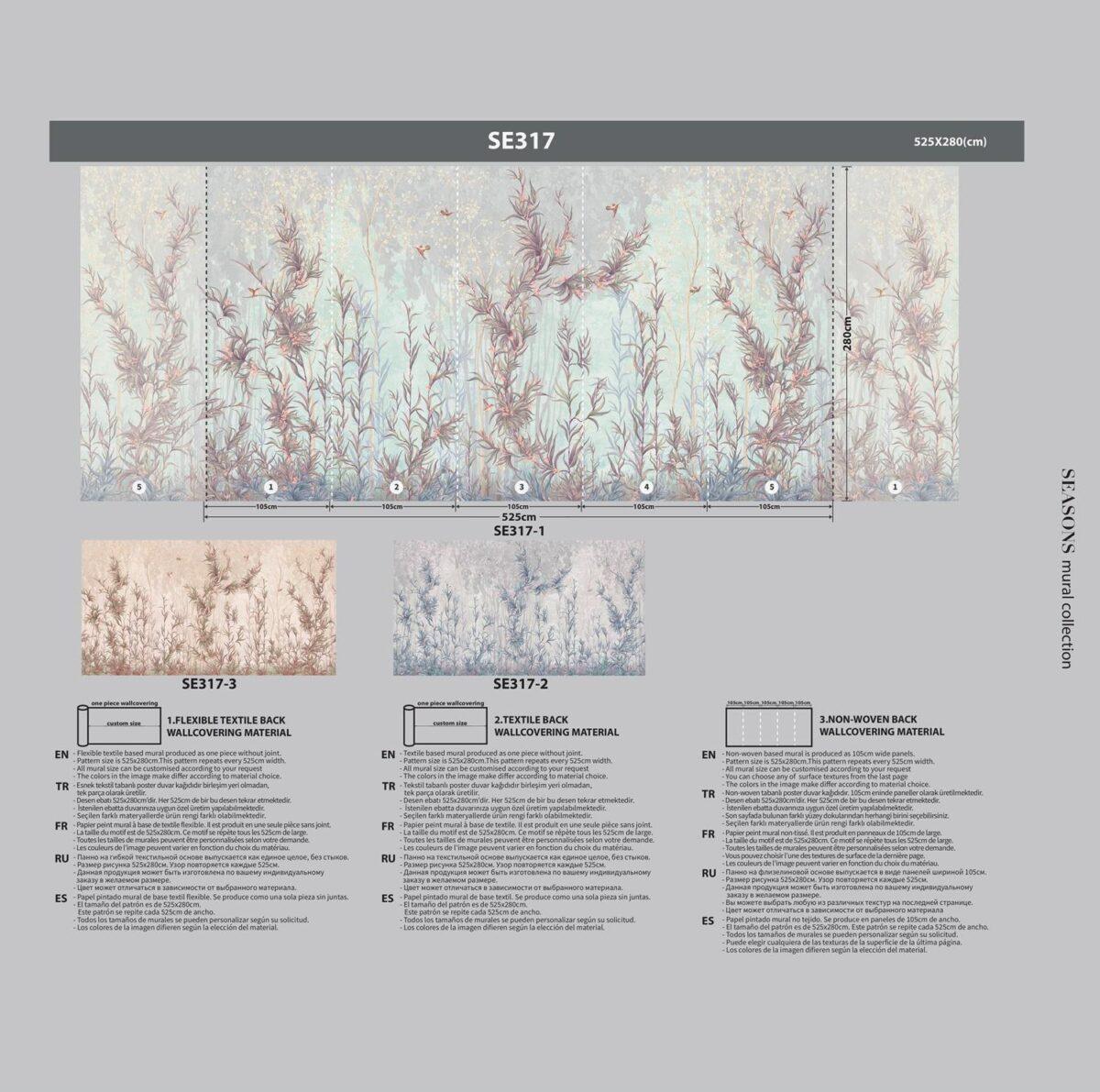 Limonium Flowers Design MURAL WALLPAPER, Available in Various Paper Texture, Code SE317. It is Produced as 105 CM WIDE ROLL PANELS. - Image 7