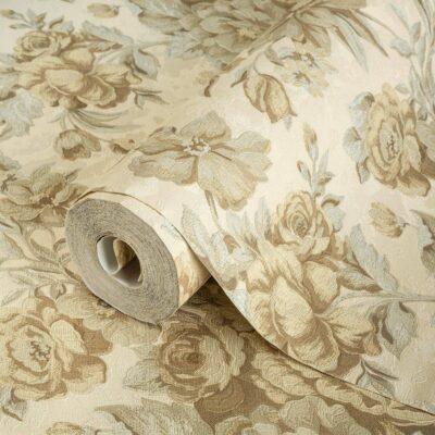 Blooming Roses Floral Pattern Wallpaper Beige Cream Code 5806-1