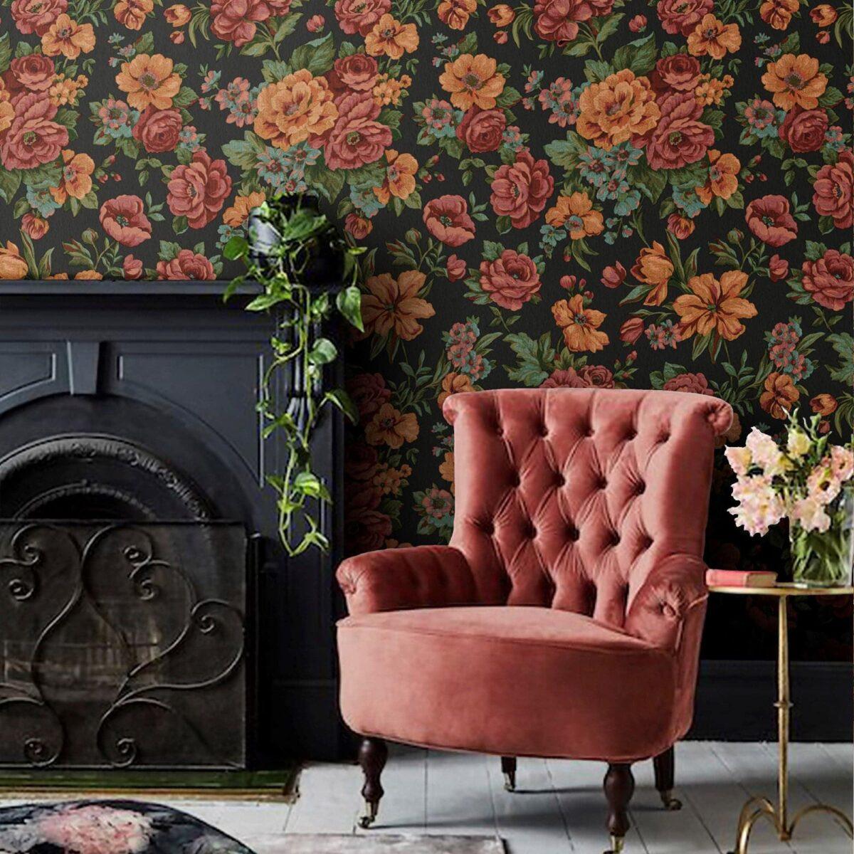 Blooming Roses Floral Pattern Wallpaper Black Orange Red Code 5806-6 - Image 2