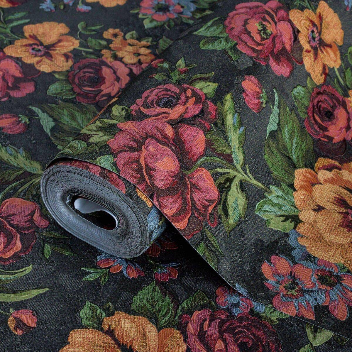 Blooming Roses Floral Pattern Wallpaper Black Orange Red Code 5806-6 - Image 1
