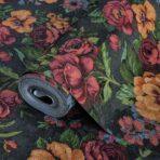 Blooming Roses Floral Pattern Wallpaper Black Orange Red Code 5806-6