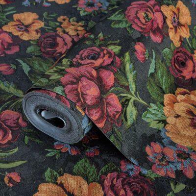Blooming Roses Floral Pattern Wallpaper Black Orange Red Code 5806-6