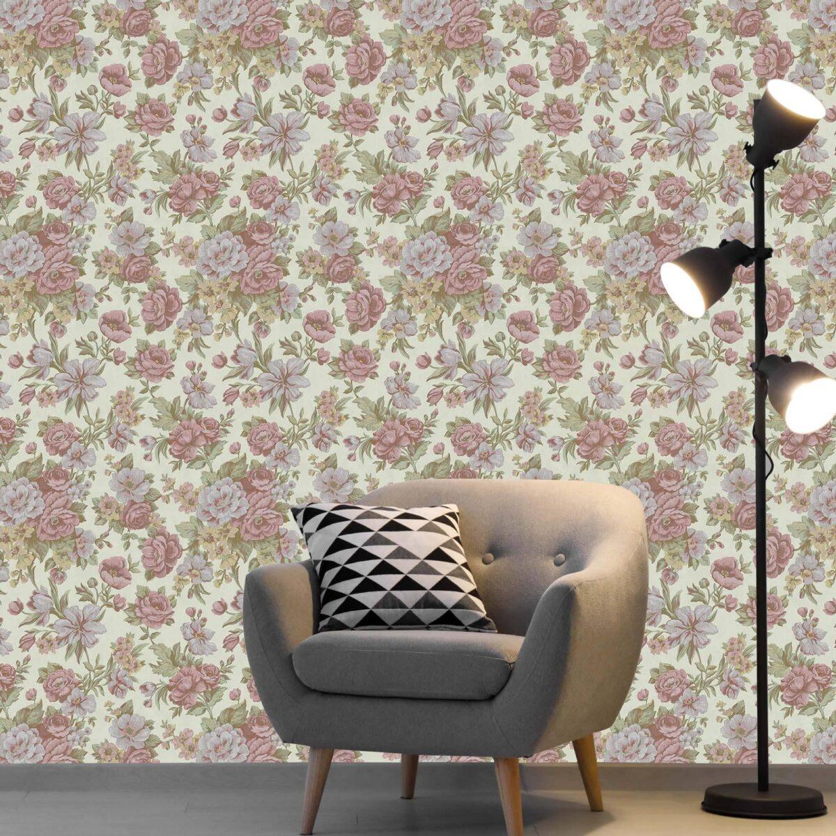 Blooming Roses Floral Pattern Wallpaper Blue Light Purple Code 5806-4 - Image 2