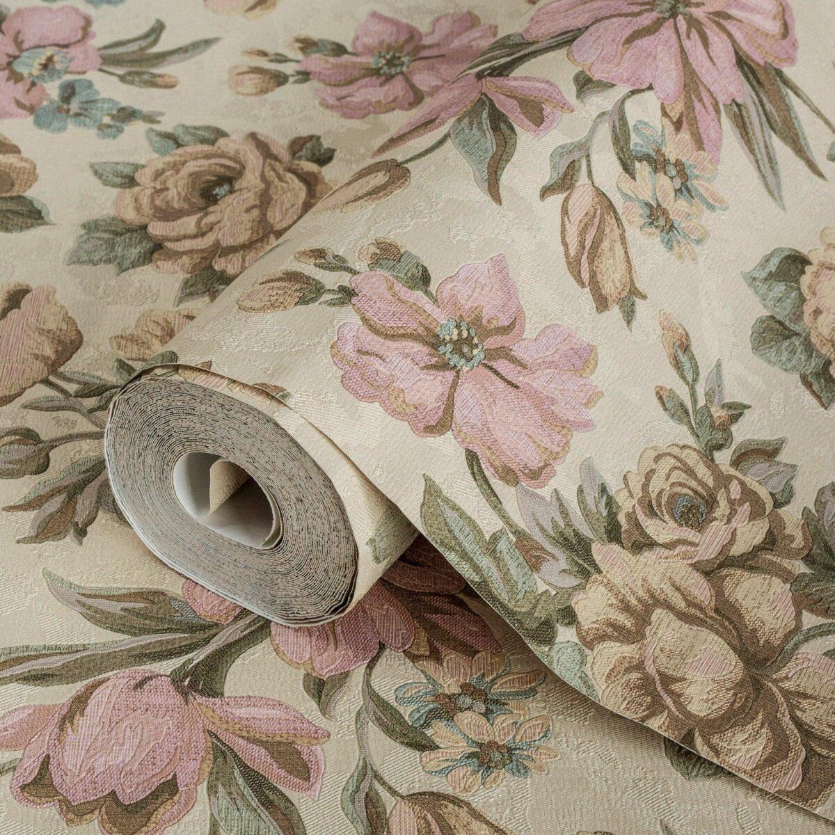 Blooming Roses Floral Pattern Wallpaper Beige Light Pink Code 5806-2 - Image 1