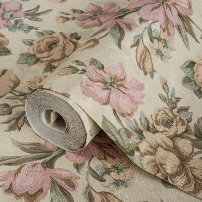 Blooming Roses Floral Pattern Wallpaper Beige Light Pink Code 5806-2